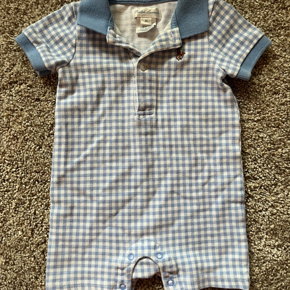 Ralph Lauren Light Blue Checkered Baby Romper